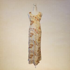 Eddie Bauer Tie-Dye Maxi Dress Women's Sleeveless Boho Summer Beige Orange